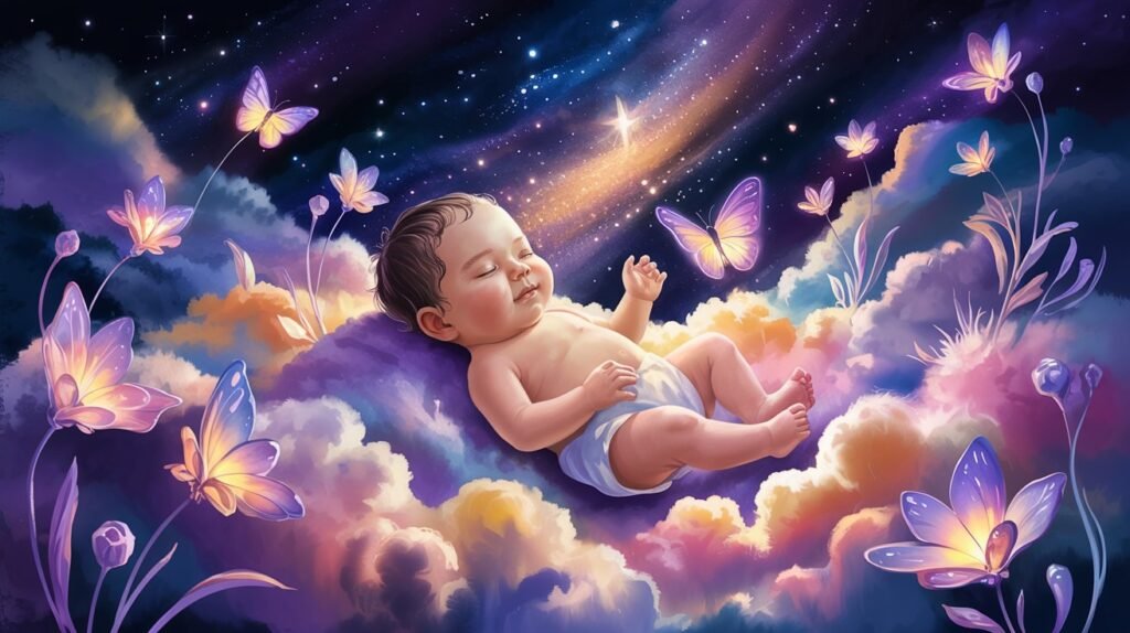 A glowing, surreal baby floats peacefully in dreamy pastel clouds under a starry night sky, surrounded by celestial flowers and butterflies.