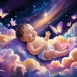 A glowing, surreal baby floats peacefully in dreamy pastel clouds under a starry night sky, surrounded by celestial flowers and butterflies.
