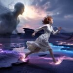 Dreamlike scene of a woman being chased through shadows