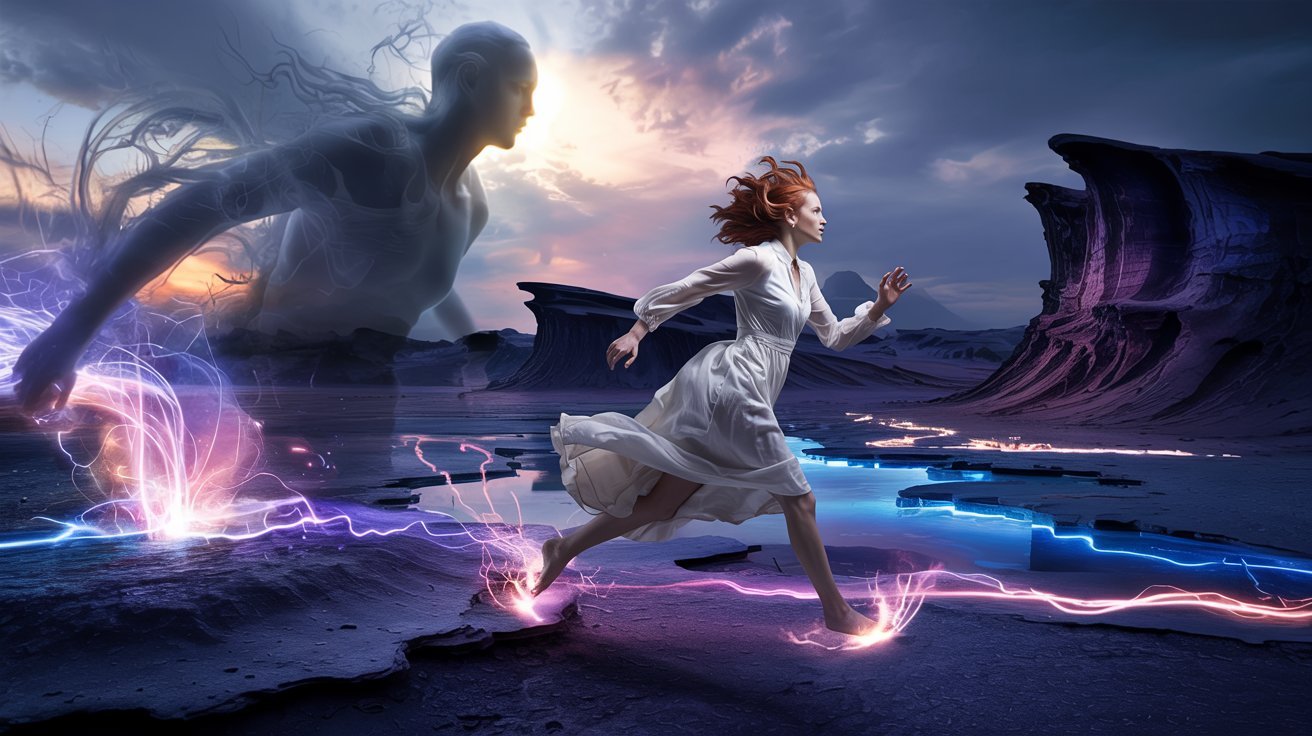 Dreamlike scene of a woman being chased through shadows