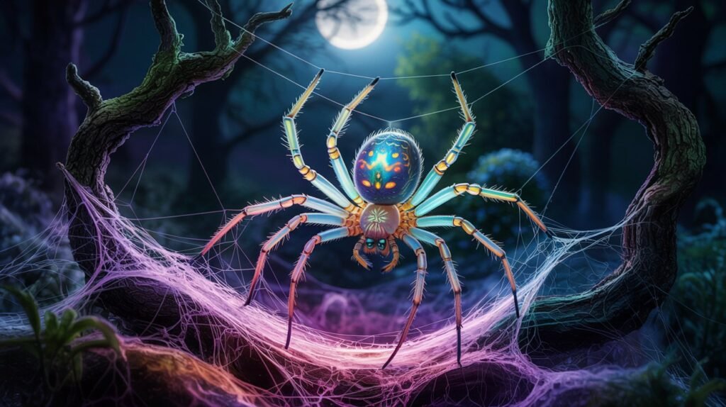 Mystical dreamlike spider weaving a glowing web in moonlight, symbolizing creation, feminine energy, and spiritual reflection