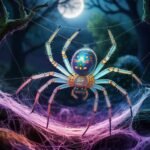 Mystical dreamlike spider weaving a glowing web in moonlight, symbolizing creation, feminine energy, and spiritual reflection